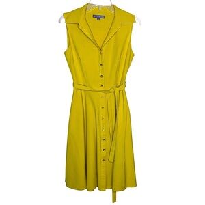 Sharagano Chartreuse Yellow Buttoned Belted Midi Sleeveless Dress Size 4